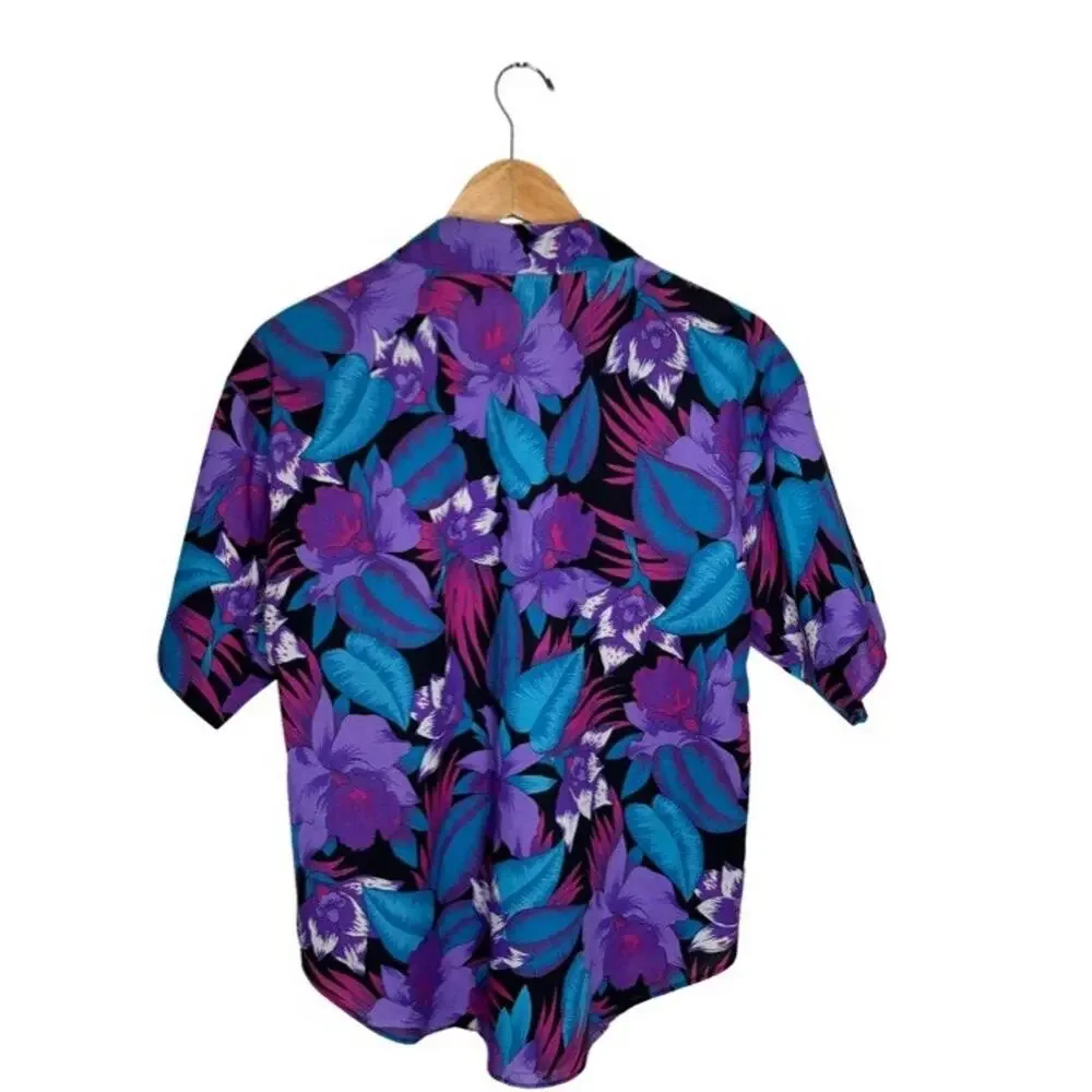 Y2K Caribou Button Up Hawaiian Womens Blue Purple Black Size 12 Cotton Blend